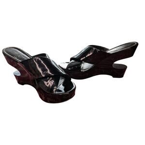 Linea Paolo Black Patent Leather Cutout Wedge Slides Avant Garde Womens 7.5 M